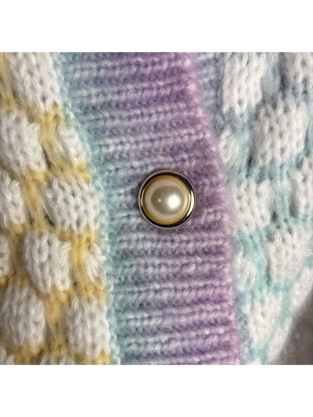 Pastel Rainbow Bubble Knit Cardigan Sweater, Pearl Buttons Colorblock size Large - Picture 6 of 12